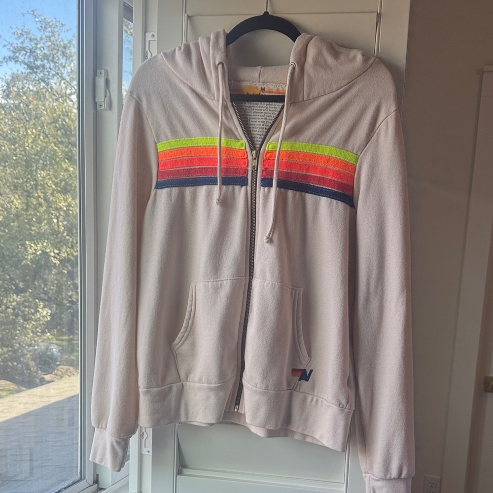 Aviator Nation Neon Striped Zip Up Hoodie Cream Jacket